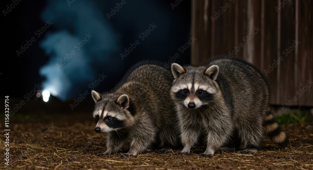 Fototapeta premium Two raccoons at night near a wooden structure