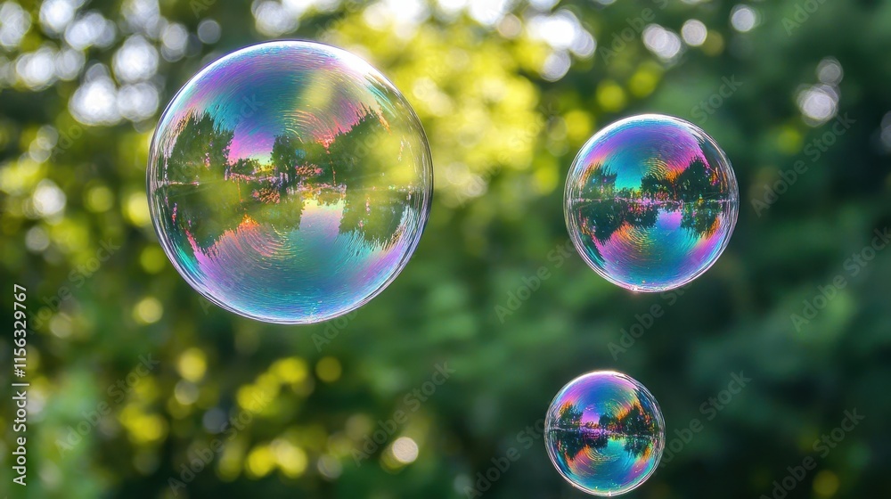 Three iridescent soap bubbles floating in a blurry green park background, reflecting the surroundings. Three iridescent soap bubbles floating in a blurry green park background, reflecting the surroundings.