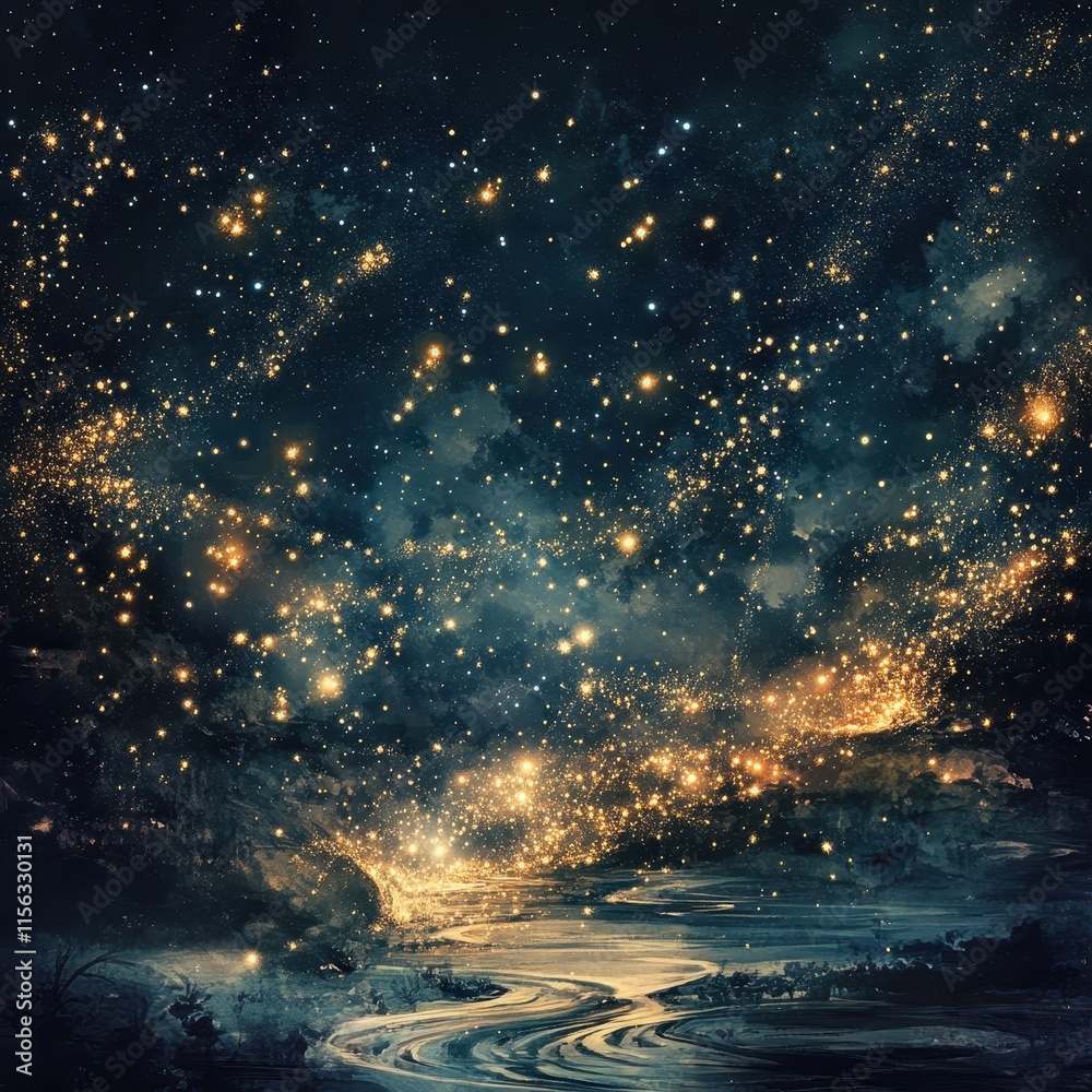 Naklejka premium Celestial River Magical Night Sky with Golden Stars and Serene Landscape - Fantasy Art