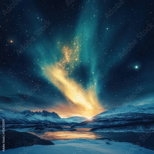 Wallpaper Mural Magical Aurora Borealis over Snowy Mountains and Frozen Lake Breathtaking Night Sky Landscape Photography Torontodigital.ca