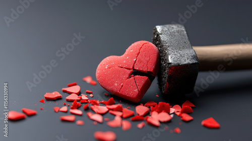 Disappointment and Valentine Pain. Shattered candy heart under hammer, symbolizing heartbreak