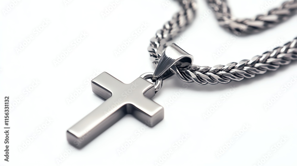 Stylish silver cross pendant on a twisted chain, white isolated background. Stylish silver cross pendant on a twisted chain, white isolated background.