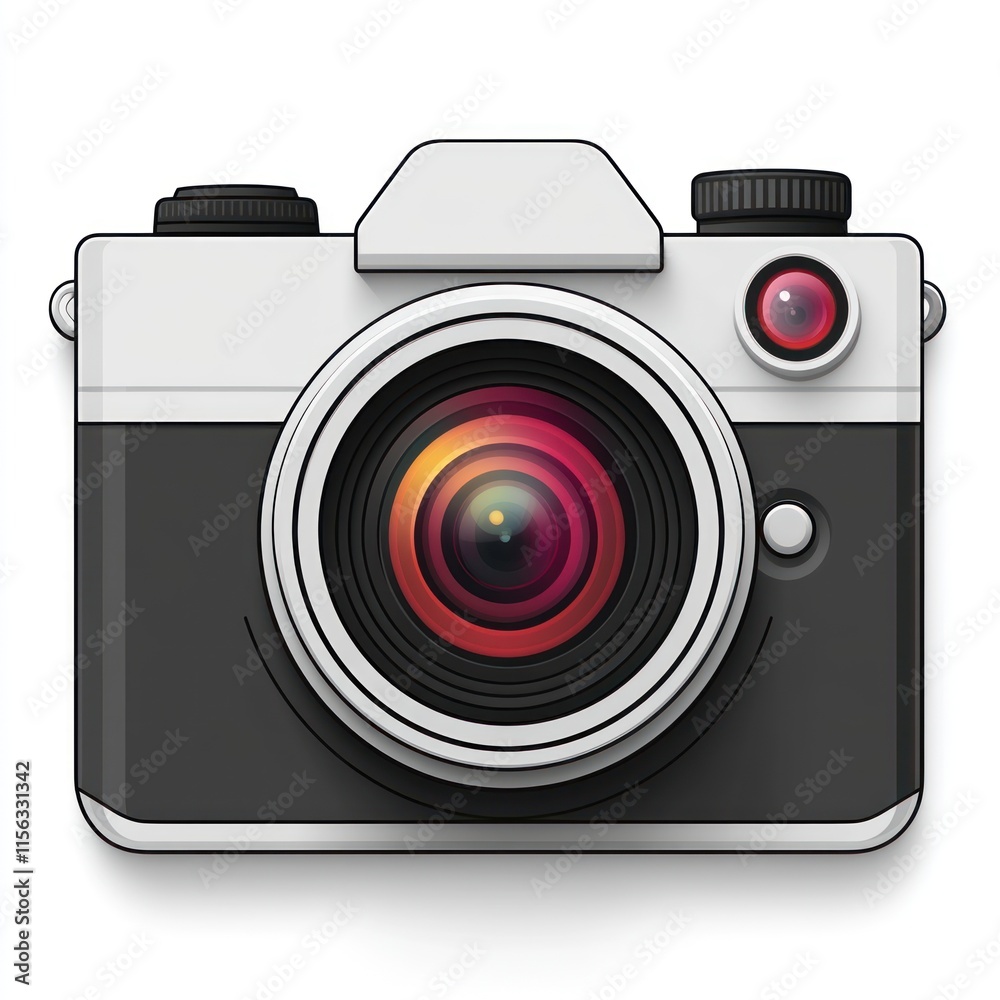 Detailed, stylized gray, white camera with lens, buttons, knobs. Detailed, stylized gray, white camera with lens, buttons, knobs.