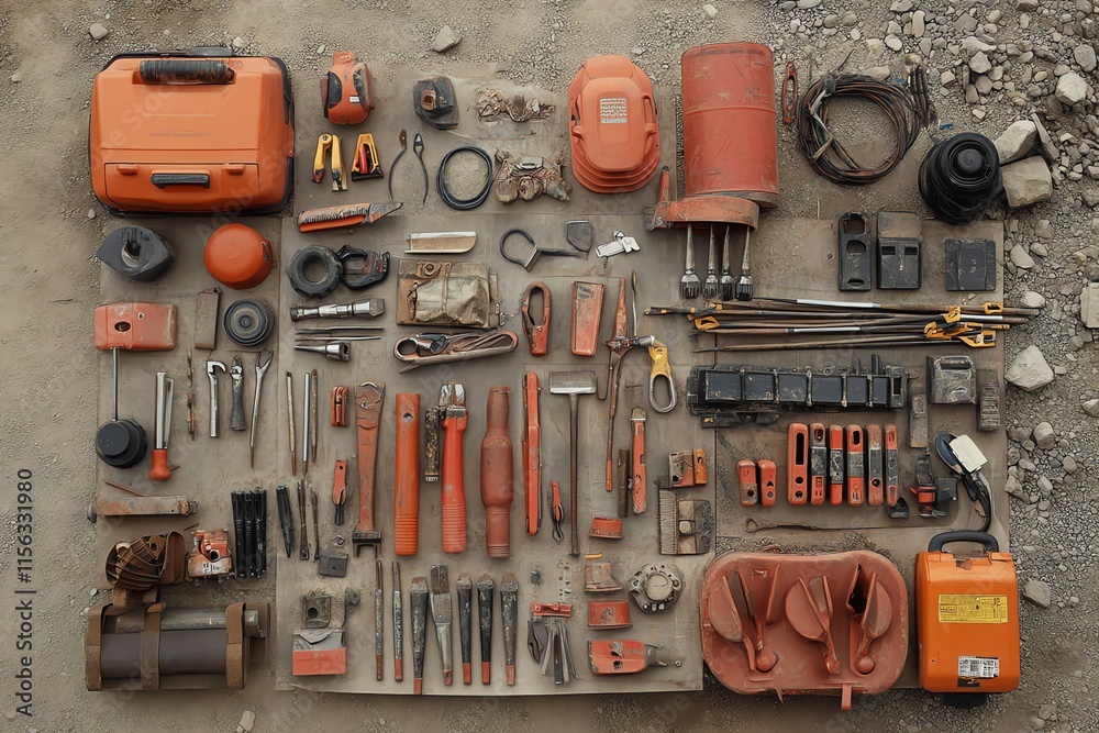 A variety of tools laid out on a concrete surface. A variety of tools laid out on a concrete surface.