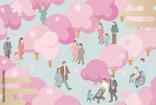 アイソメトリック　人物　家族　子供　春　お花見　さくら　桜　サクラ　背景　イラスト素材