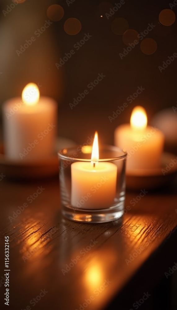 Cozy candlelight in glass holders creating a warm atmosphere on wooden table Cozy candlelight in glass holders creating a warm atmosphere on wooden table