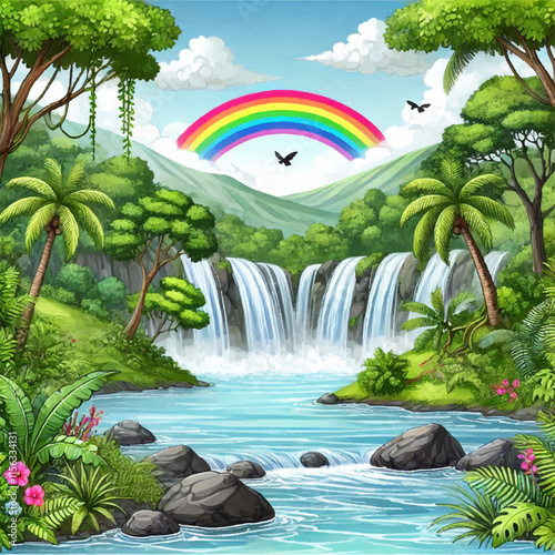 illustration A rainbow over a waterfall surrounded by lush vegetation