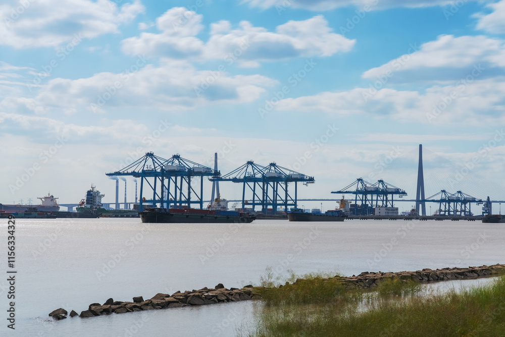 Natural Scenery of Yangtze River Port and mudflat in Suzhou, Jiangsu Province, China on August 20, 2024 Natural Scenery of Yangtze River Port and mudflat in Suzhou, Jiangsu Province, China on August 20, 2024