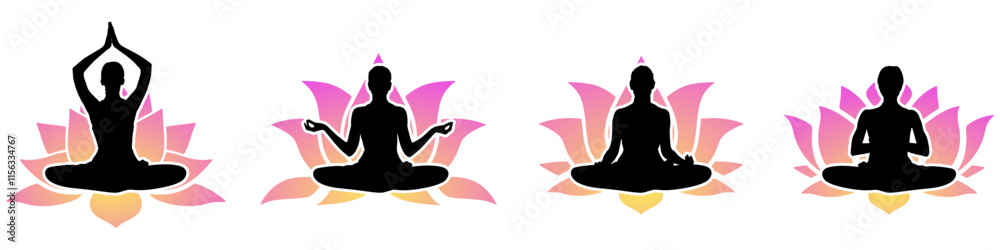 silhouette of women yoga meditation, sitting pose with lotus flower. relax or recreation, healthy lifestyle. Vector illustration
silhouette of women yoga meditation, sitting pose with lotus flower. relax or recreation, healthy lifestyle. Vector illustration