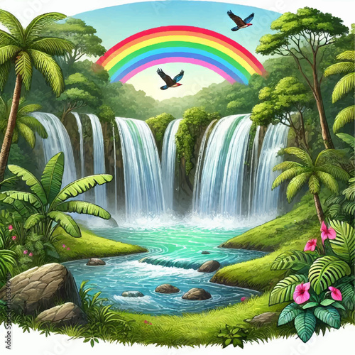 illustration A rainbow over a waterfall surrounded by lush vegetation
