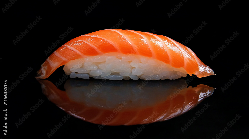 Fresh salmon sushi delicacy on black surface with glossy reflection. Fresh salmon sushi delicacy on black surface with glossy reflection.