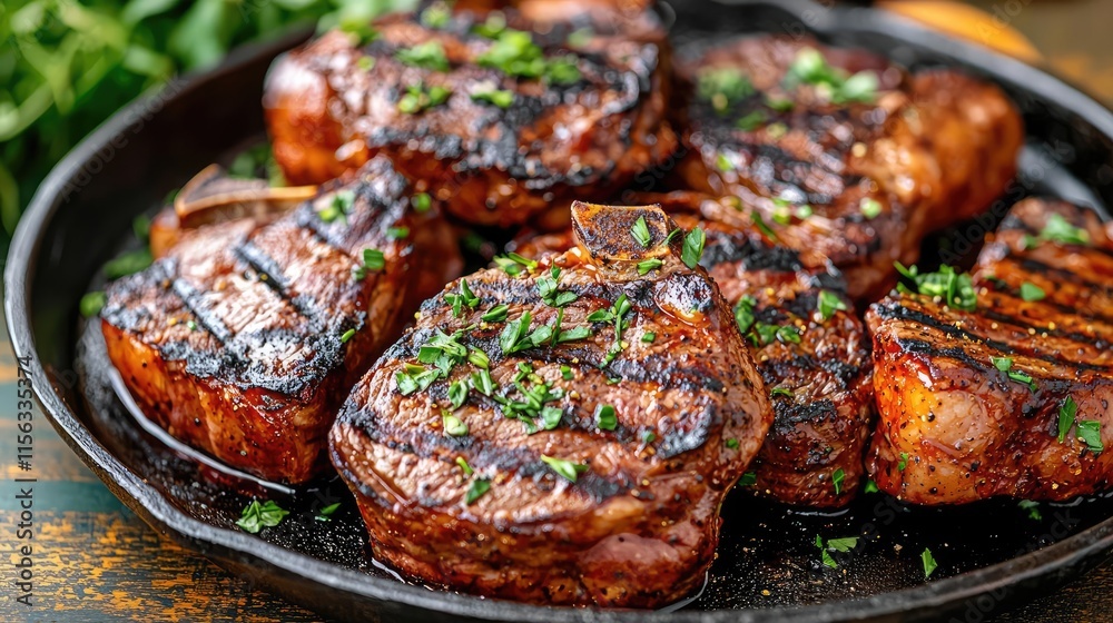 Steak serve idea. Deliciously grilled steaks garnished with fresh herbs on a cast iron skillet. Steak serve idea. Deliciously grilled steaks garnished with fresh herbs on a cast iron skillet.