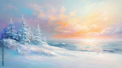 Winter sunrise over a snowy beach with pine trees.