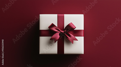 White Gift Box Open with Red Ribbon Bow on Dark Red Background Shadow Minimal Conceptual 3D Rendering