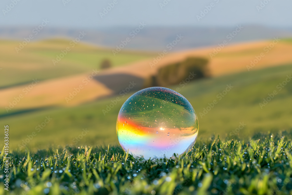 Stunning rainbow arching over a green field, glowing under a fresh, post-rain sky Stunning rainbow arching over a green field, glowing under a fresh, post-rain sky
