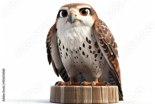 Cute cartoon falcon perched on wood.