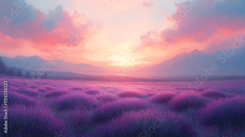 Lavender Field Sunset Mountain Landscape Painting