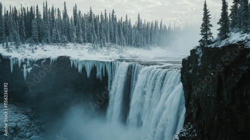 A breathtaking waterfall pours over jagged icy cliffs in a remote, pristine landscape, with snow-laden pine trees in the background.