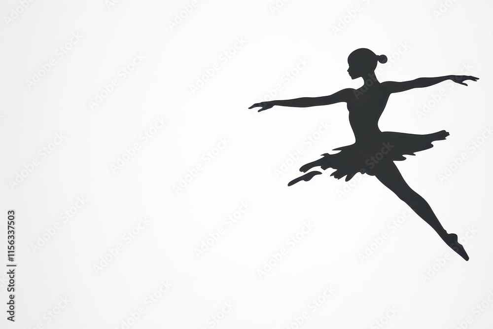 Naklejka premium A graceful silhouette of a ballerina performing a pirouette, her arms and legs extended in perfect form, surrounded by faint abstract swirls symbolizing motion and elegance. 