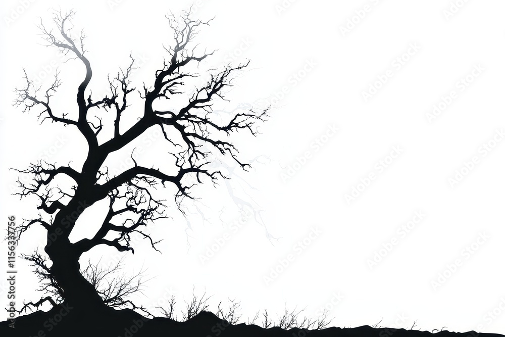 Fototapeta premium A minimalist silhouette of a tree with intricate branches and roots, surrounded by faint abstract shapes symbolizing growth and strength, rendered with crisp and smooth lines. 