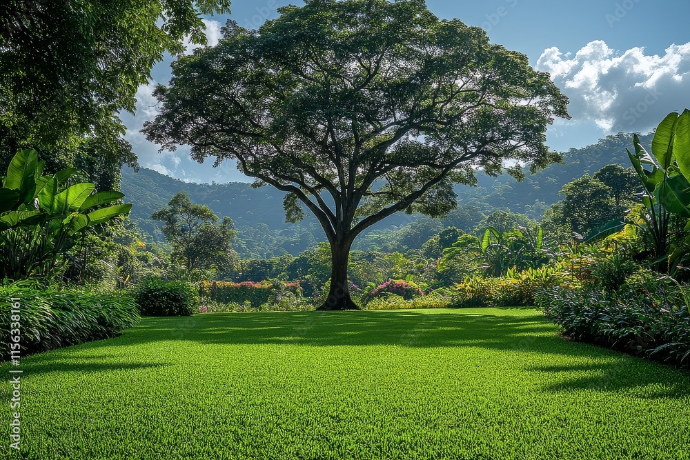 Obraz premium Beautiful large tree in the middle of a lush green lawn with a garden and trees in the background. A scenic nature landscape shot from a distance.