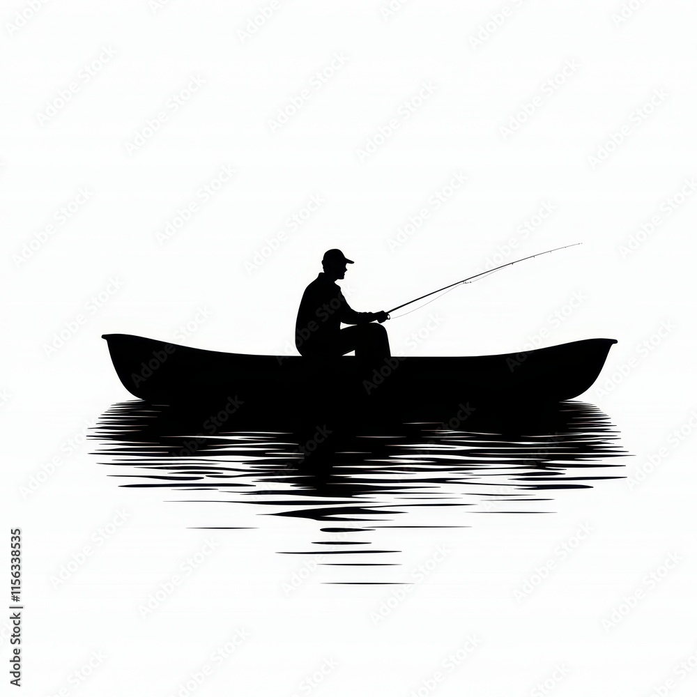 A silhouette of a fisherman in a small boat, casting their line into a serene lake, with faint ripples and abstract reflections in the water for a tranquil design. A silhouette of a fisherman in a small boat, casting their line into a serene lake, with faint ripples and abstract reflections in the water for a tranquil design.