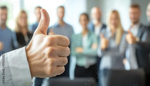 Hand giving thumbs up with business team in background, symbolizing successful collaboration