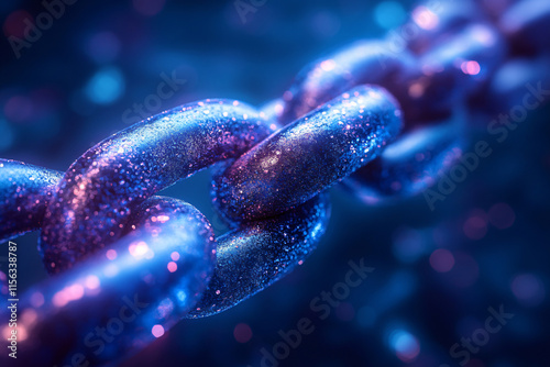 Close-up artistic view interconnected chains blockchain technology digital trust secure decentralized connections blend of industrial futuristic aesthetic rustic rain dots blue yellow rust photo