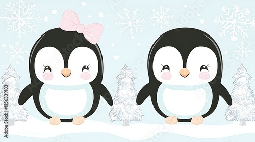 Two cute cartoon penguins in snowy winter scene with snowflakes and small trees.