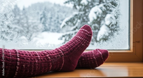 Warm woolen socks by a snowy winter window