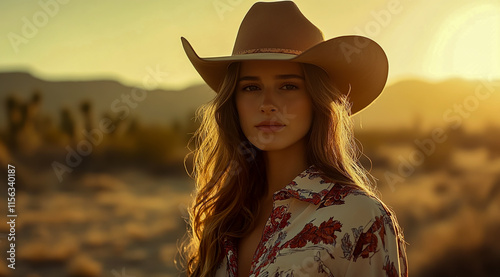 An attractive cowgirl woman wearing a cowboy hat and western shirt, standing in the desert at golden hour.