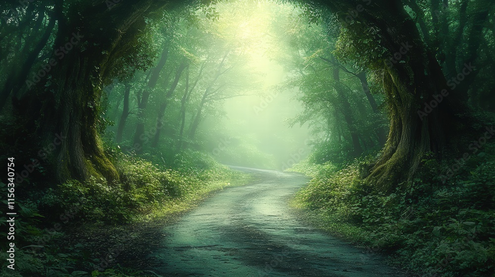 Obraz premium Lush Green Forest Pathway Illuminated by Soft Sunlight in a Tranquil Natural Setting Ideal for Serenity and Rejuvenation