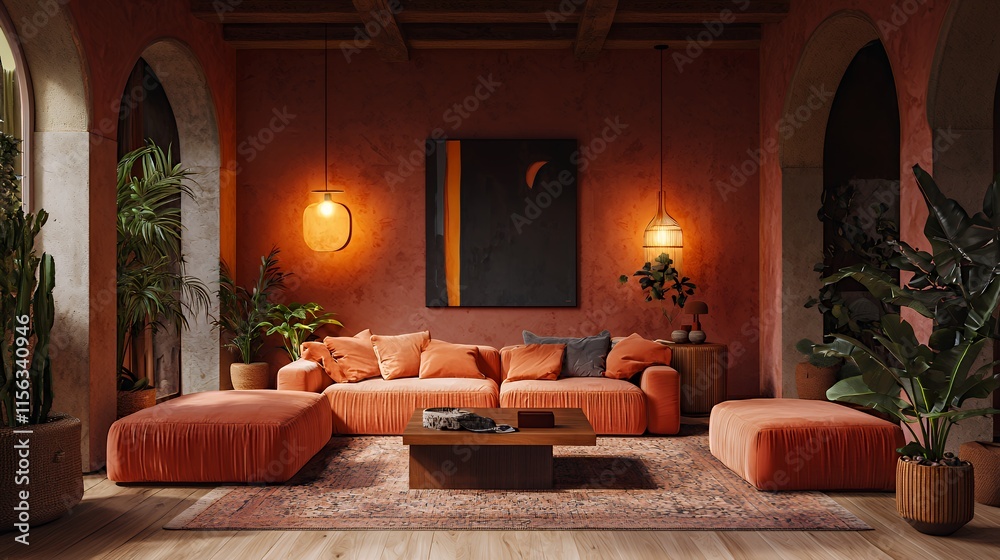 Cozy terracotta living room interior design with orange sofa, plants, and warm lighting. Cozy terracotta living room interior design with orange sofa, plants, and warm lighting.