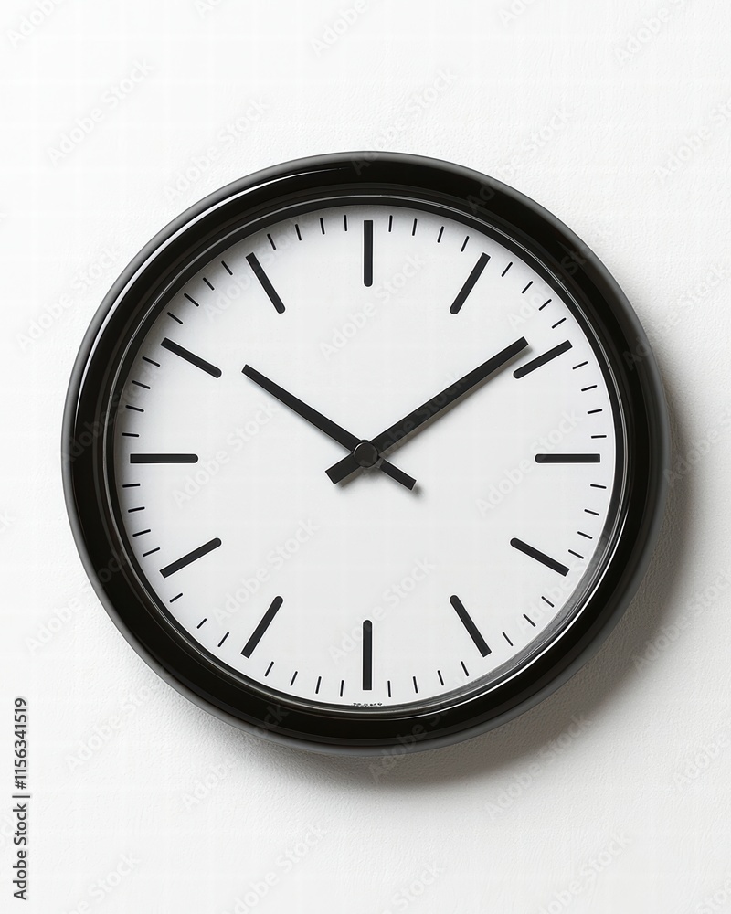Minimalistic Black Wall Clock with Simple Dial and White Background Minimalistic Black Wall Clock with Simple Dial and White Background