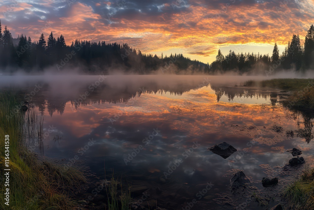 Fototapeta premium A panoramic image of Mt. Hood and Trillium Lake at sunrise, with mist rising from the water and the colors of dawn reflected in the lake.