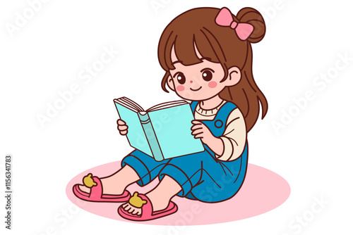 A little girl is happily reading a book.