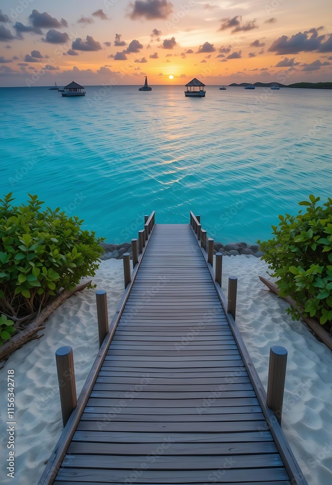 Fototapeta Wooden walkway leads to tranquil sunset ocean view