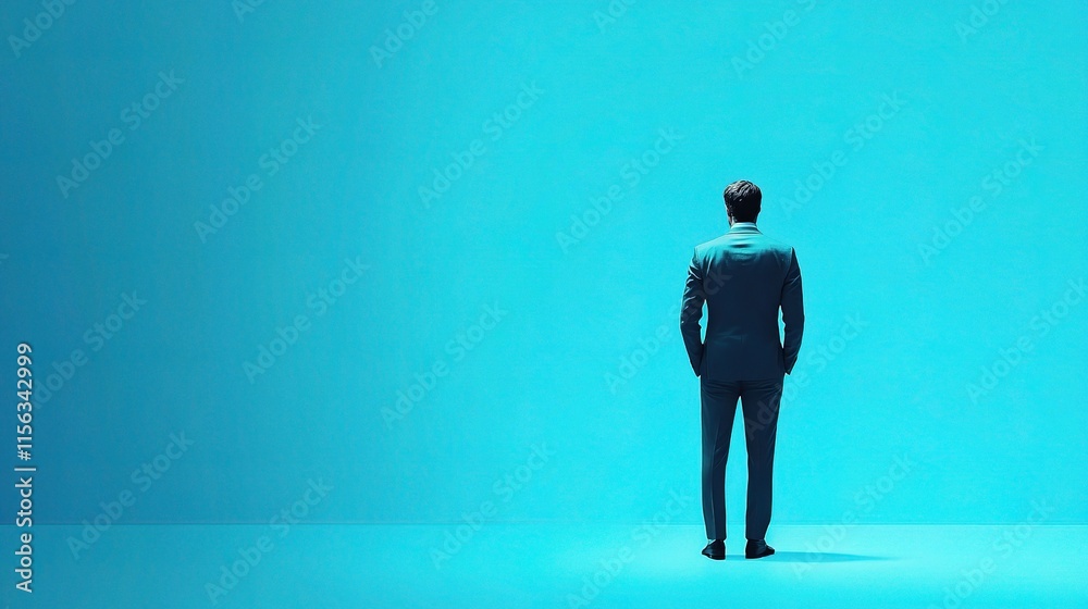 Obraz premium The Visionary: A lone businessman stands against a vibrant blue backdrop, his back turned, gazing towards the horizon, symbolizing ambition, leadership, and the pursuit of new opportunities.