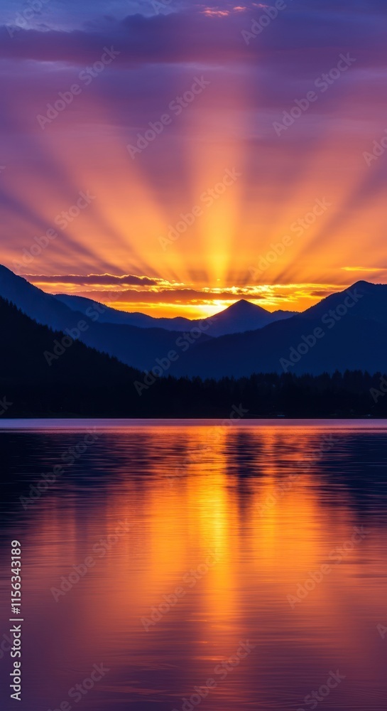 Majestic Sunset Over Mountain Lake Silhouetted Peaks Majestic Sunset Over Mountain Lake Silhouetted Peaks