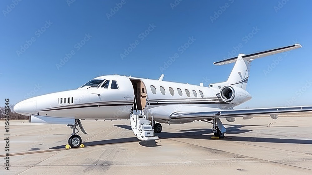 White private jet on tarmac, steps down. White private jet on tarmac, steps down.