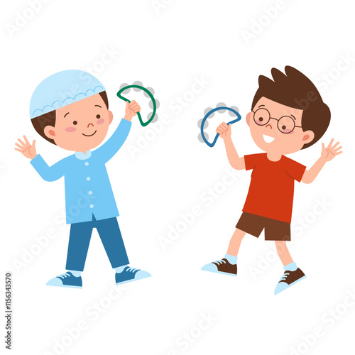 Two boys playing tambourine