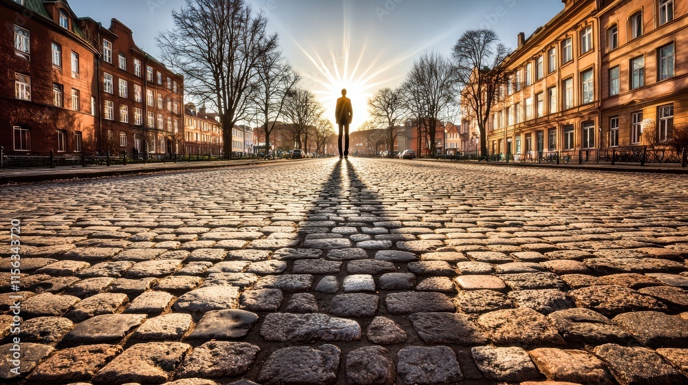 Fototapeta premium Lone figure standing on cobblestone street with sunrise in background