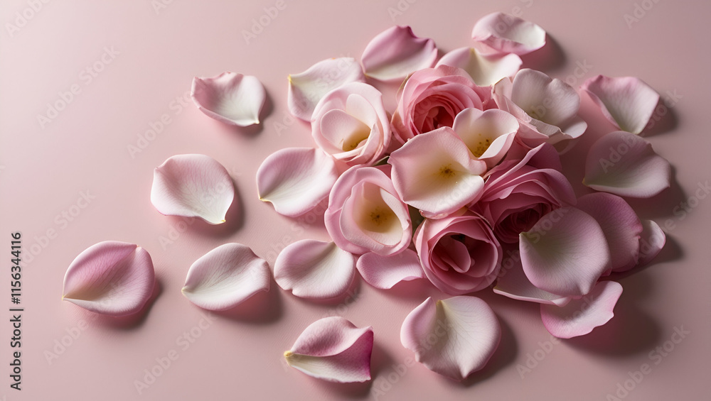 Fototapeta premium A delicate arrangement of soft pink rose petals scattered gracefully on a pastel pink background