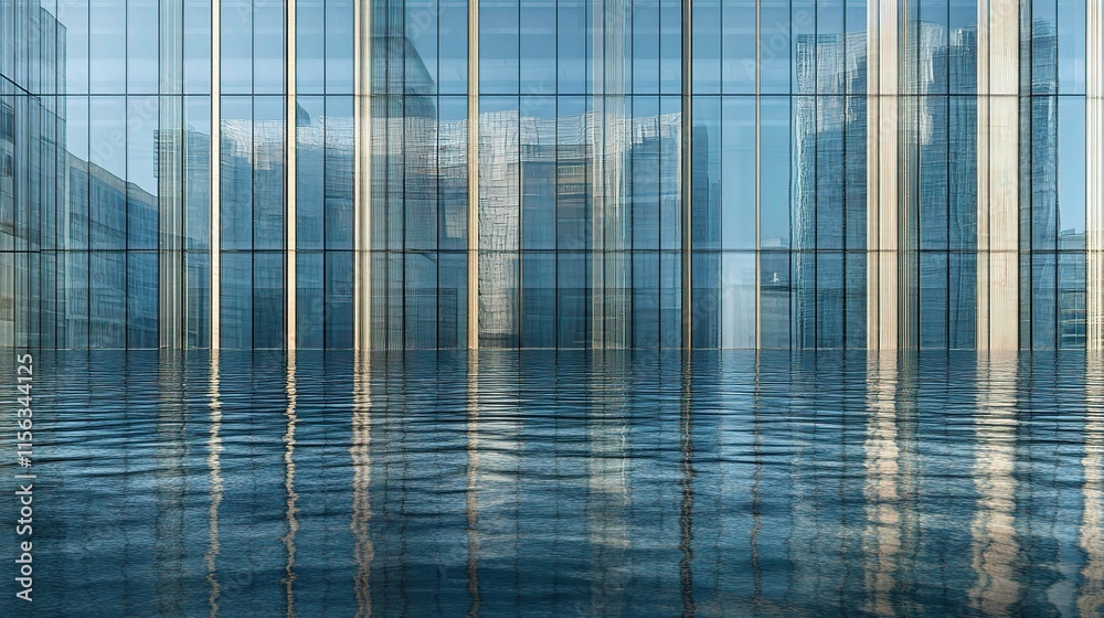 Tall Glass Facade of Skyscrapers Reflecting in Water Pool Tall Glass Facade of Skyscrapers Reflecting in Water Pool