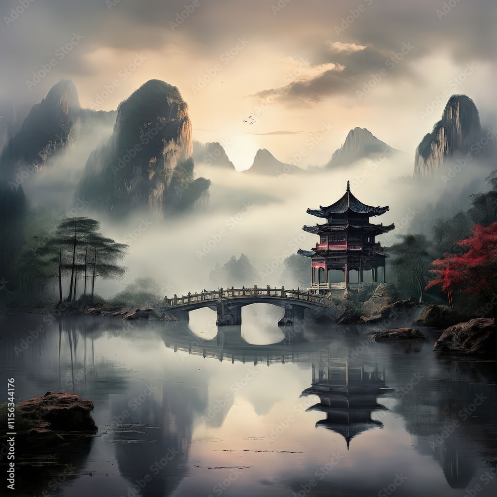 the AI Image Generator, Landscape With Pavilion and Bridge in Early Morning Fog the AI Image Generator, Landscape With Pavilion and Bridge in Early Morning Fog