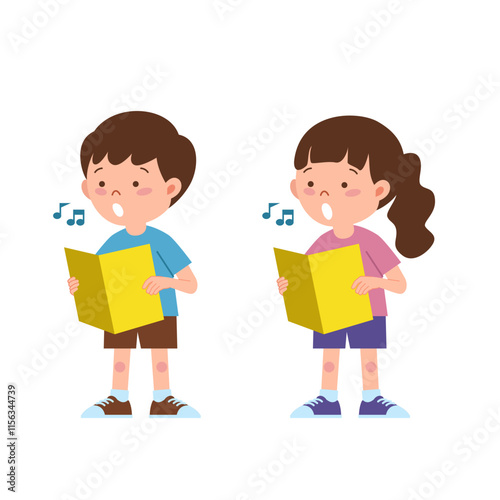 Two kids singing while holding a song book