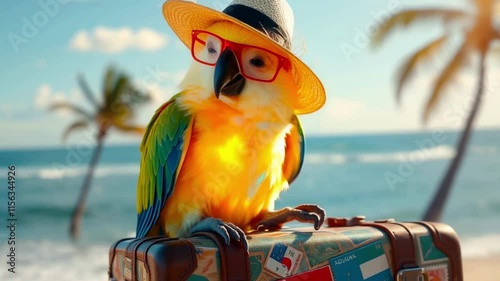 A mischievous charming parrot in a summer hat sits on a portly suitcase, the concept of a summer vacation.