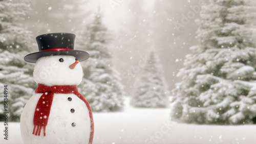 A charming snowman stands amidst a snowy landscape, gazing out at the falling snow.The snowman, dressed in a top hat and red scarf, stands in a snowy forest.