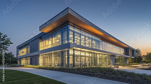 Modern Exterior of a Sleek Office Building in Evening Light