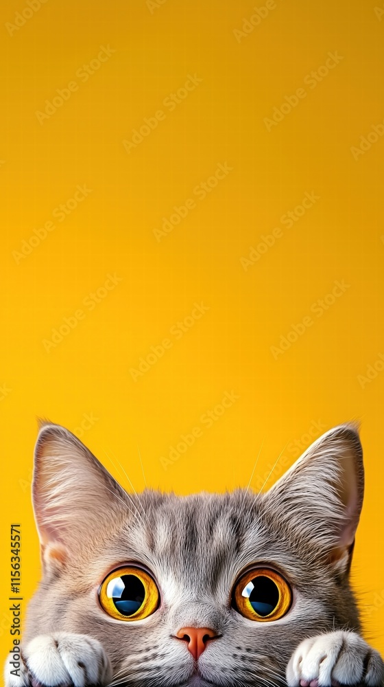 Playful Gray British Shorthair Cat Peeking Over Edge Against Bright Yellow Background for Mobile Wallpaper – Adorable Minimalist Animal Portrait Playful Gray British Shorthair Cat Peeking Over Edge Against Bright Yellow Background for Mobile Wallpaper – Adorable Minimalist Animal Portrait